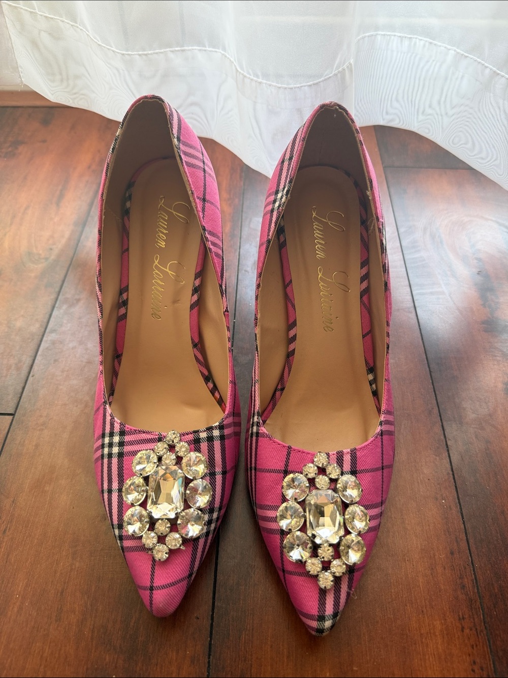 Lauren Lorraine Hot Pink Plaid Jeweled Pointed Pumps